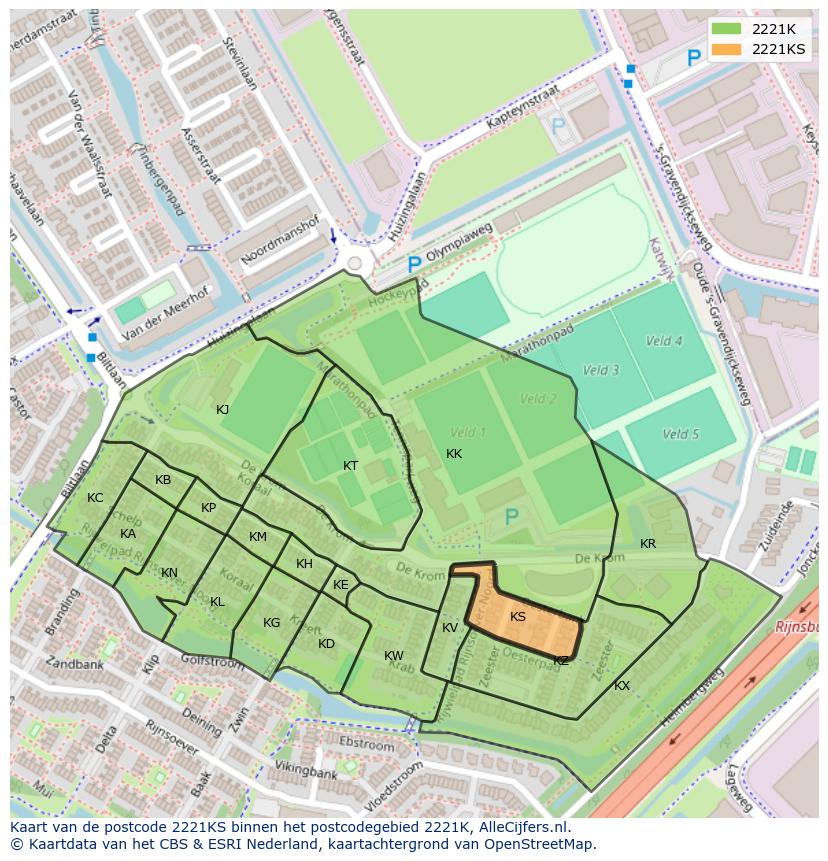 Afbeelding van het postcodegebied 2221 KS op de kaart.
