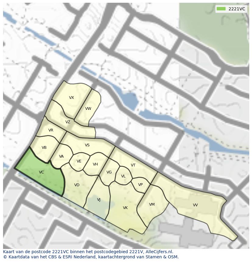 Afbeelding van het postcodegebied 2221 VC op de kaart.