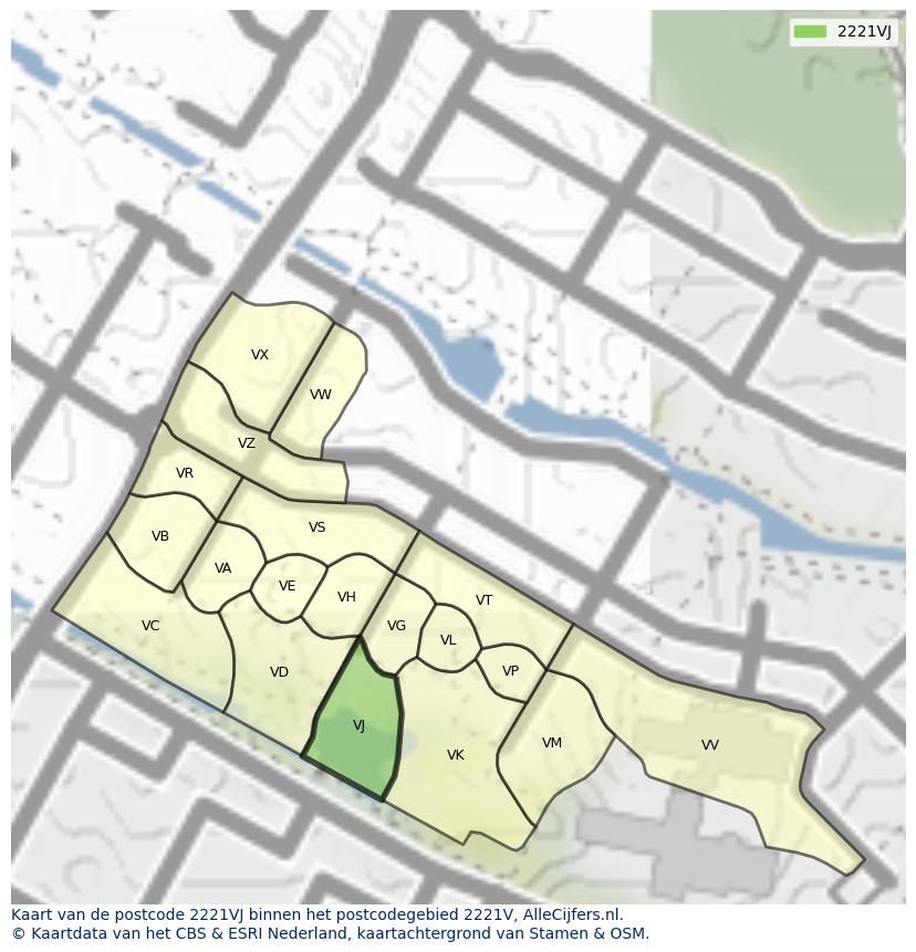 Afbeelding van het postcodegebied 2221 VJ op de kaart.