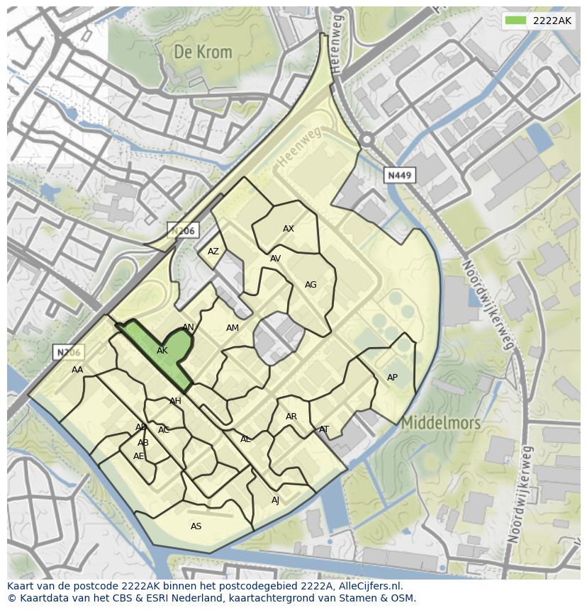 Afbeelding van het postcodegebied 2222 AK op de kaart.
