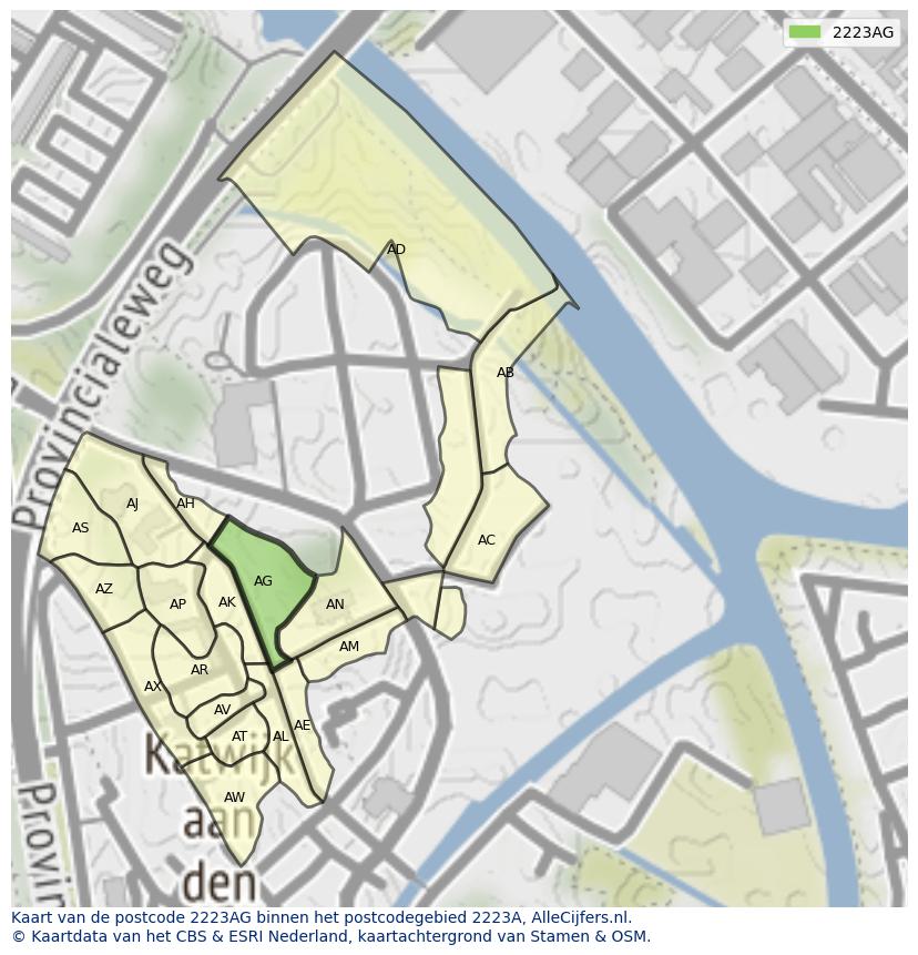 Afbeelding van het postcodegebied 2223 AG op de kaart.