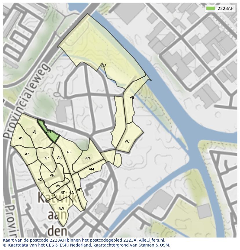 Afbeelding van het postcodegebied 2223 AH op de kaart.
