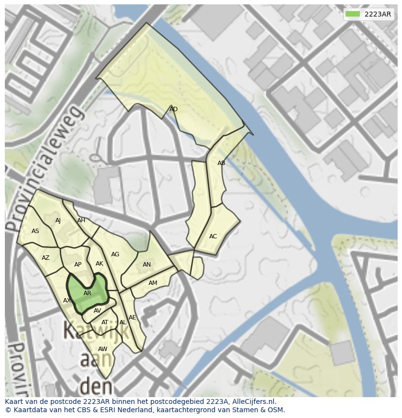 Afbeelding van het postcodegebied 2223 AR op de kaart.