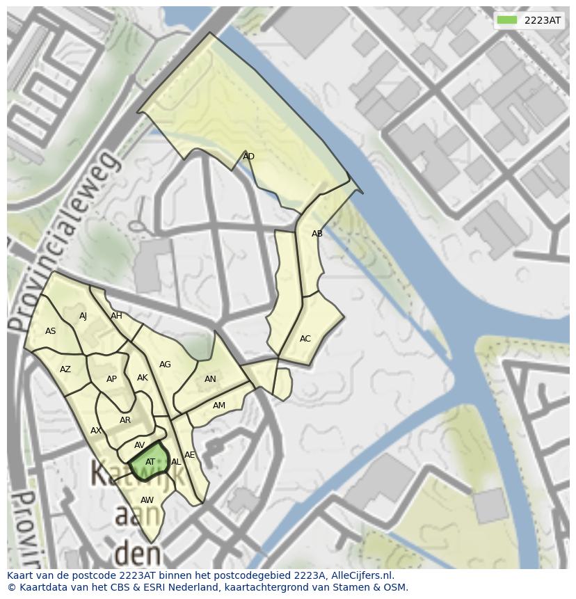 Afbeelding van het postcodegebied 2223 AT op de kaart.