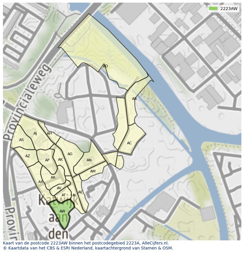 Afbeelding van het postcodegebied 2223 AW op de kaart.