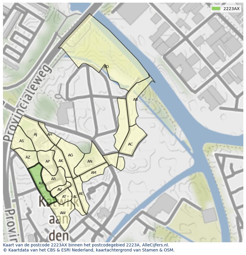 Afbeelding van het postcodegebied 2223 AX op de kaart.
