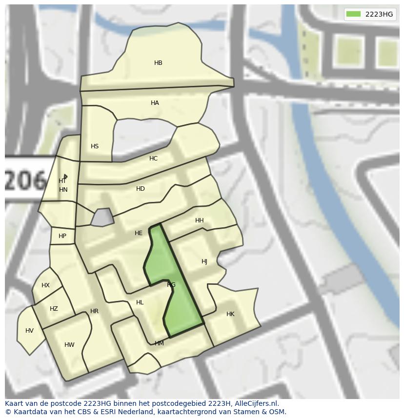 Afbeelding van het postcodegebied 2223 HG op de kaart.