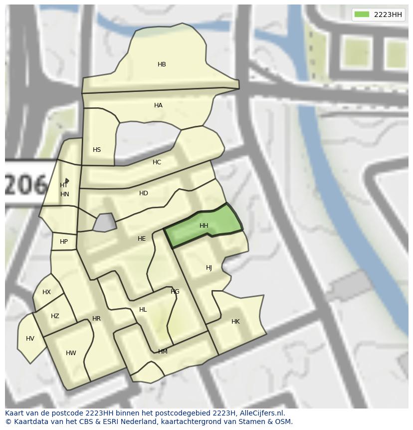 Afbeelding van het postcodegebied 2223 HH op de kaart.