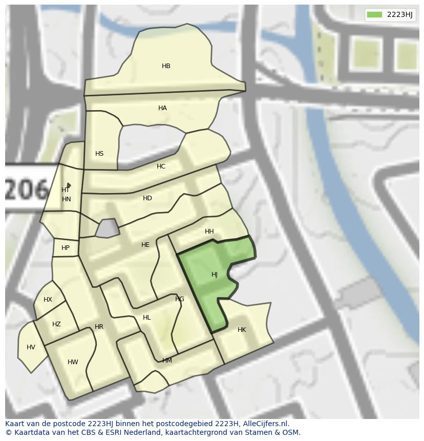 Afbeelding van het postcodegebied 2223 HJ op de kaart.