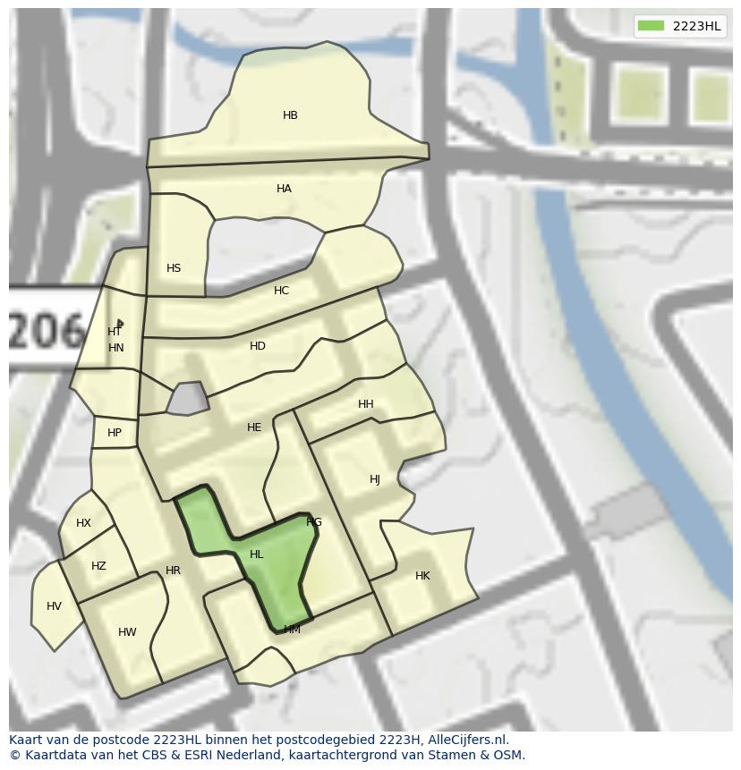 Afbeelding van het postcodegebied 2223 HL op de kaart.