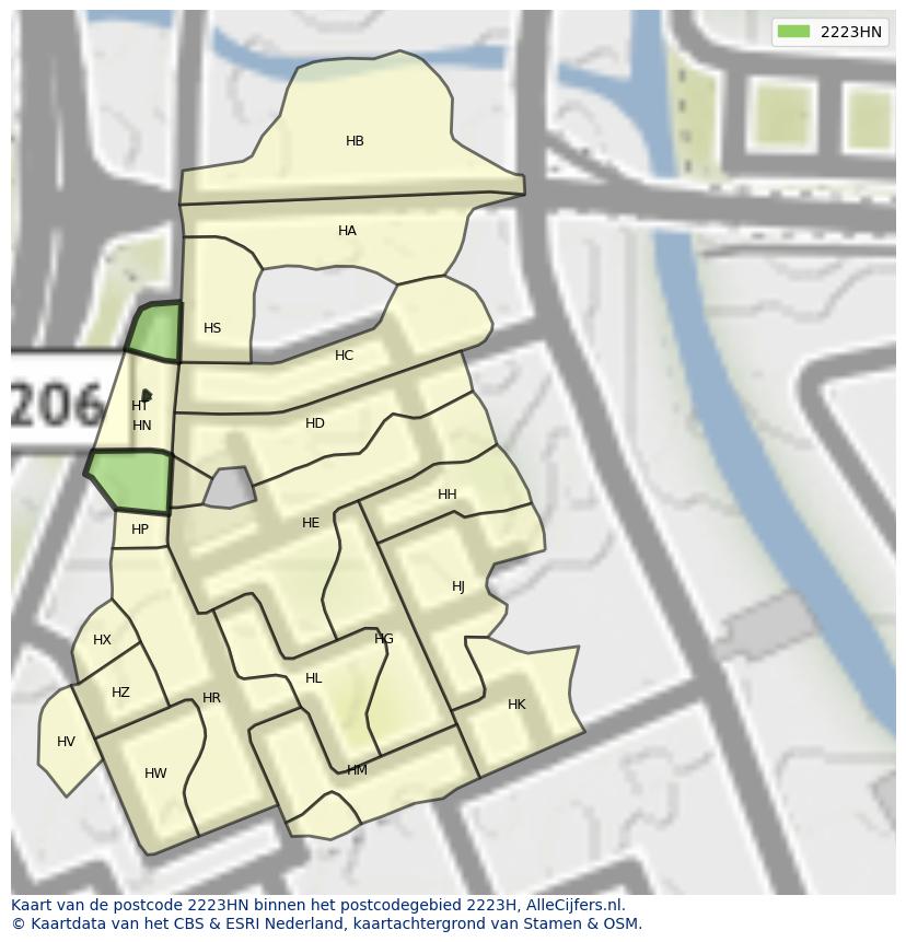 Afbeelding van het postcodegebied 2223 HN op de kaart.