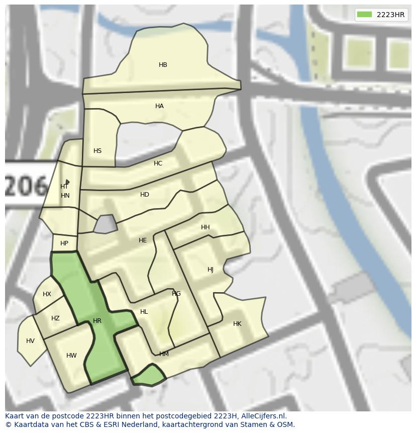 Afbeelding van het postcodegebied 2223 HR op de kaart.