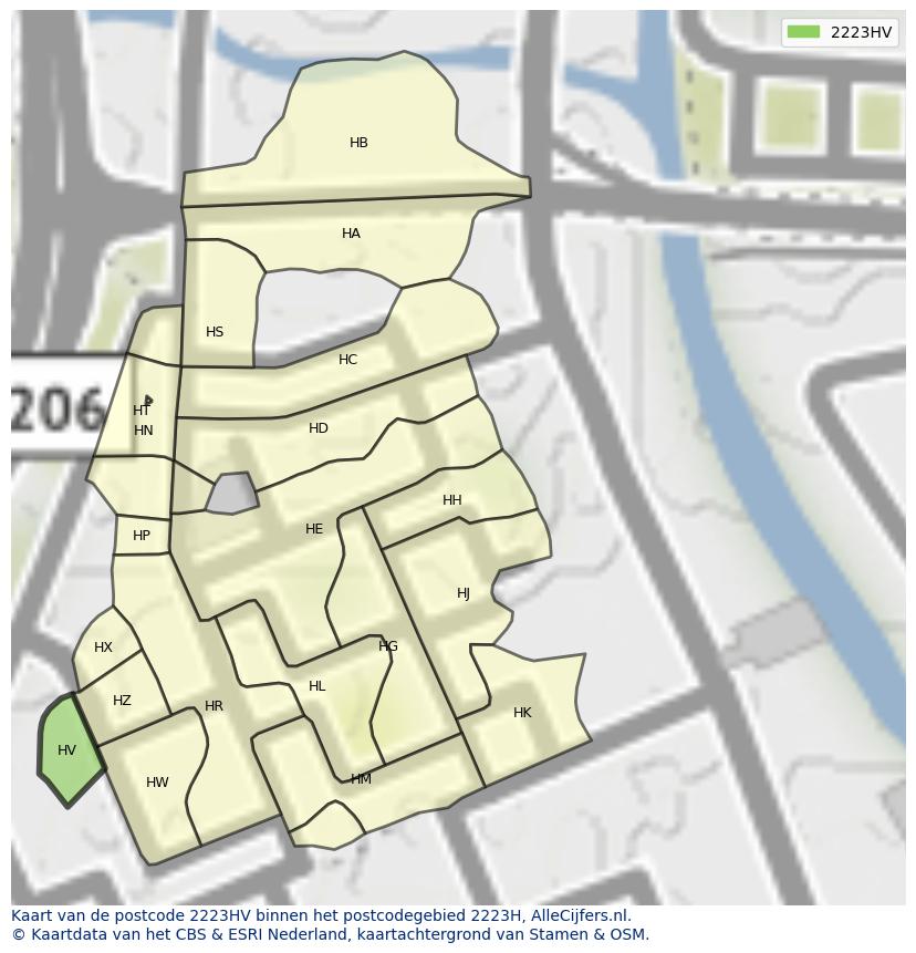 Afbeelding van het postcodegebied 2223 HV op de kaart.