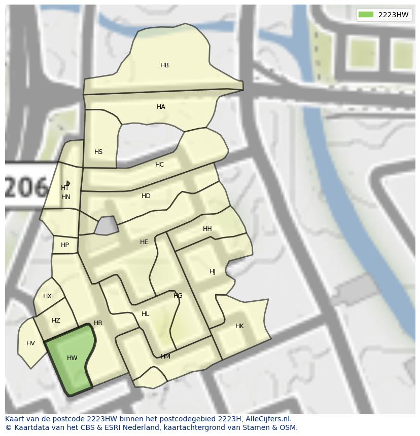 Afbeelding van het postcodegebied 2223 HW op de kaart.