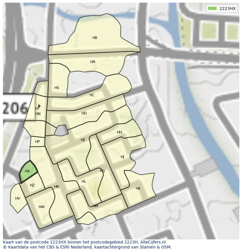 Afbeelding van het postcodegebied 2223 HX op de kaart.