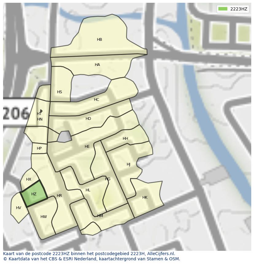 Afbeelding van het postcodegebied 2223 HZ op de kaart.