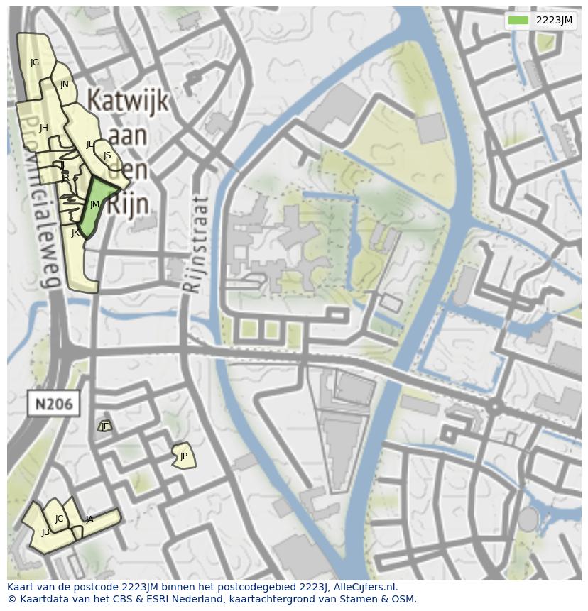 Afbeelding van het postcodegebied 2223 JM op de kaart.