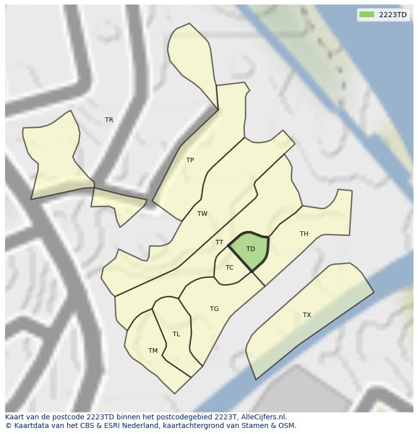 Afbeelding van het postcodegebied 2223 TD op de kaart.