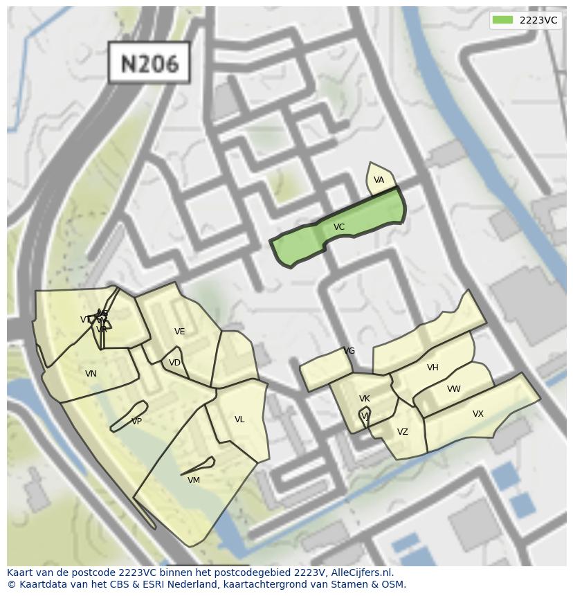 Afbeelding van het postcodegebied 2223 VC op de kaart.