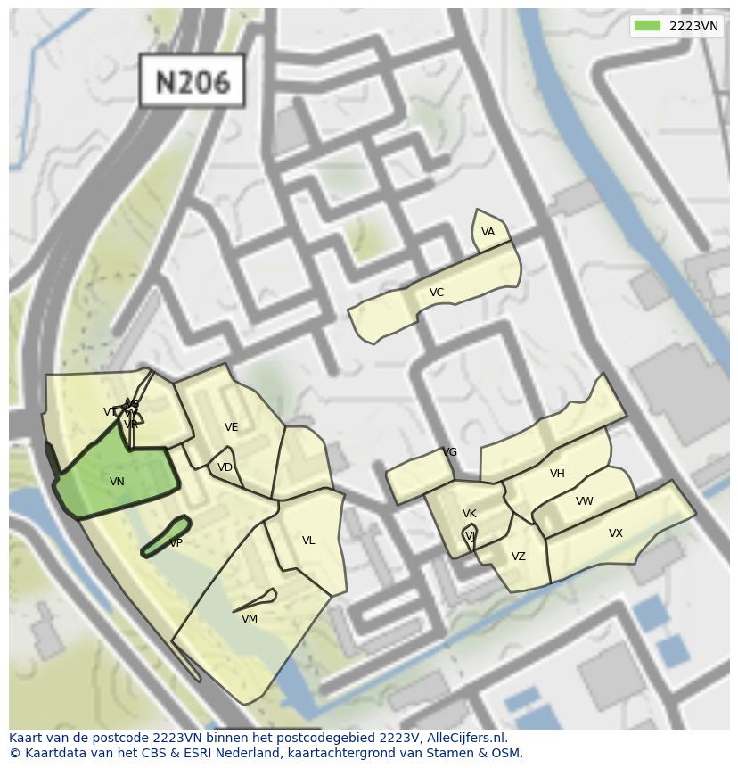 Afbeelding van het postcodegebied 2223 VN op de kaart.