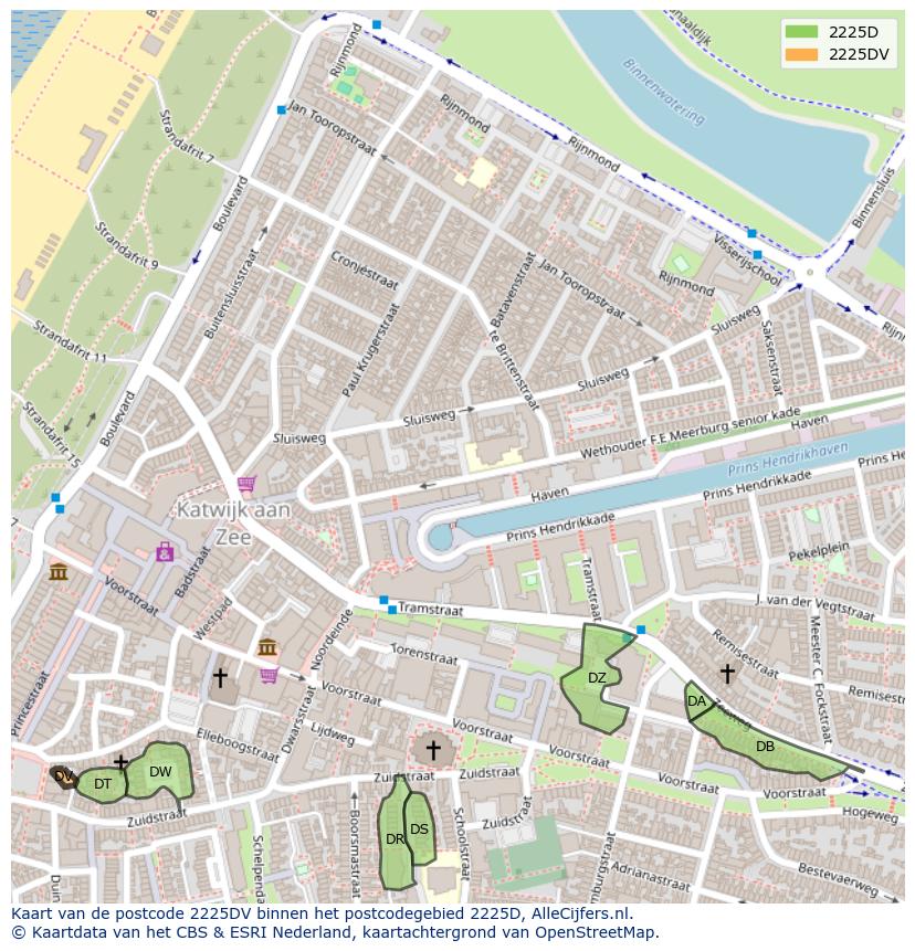 Afbeelding van het postcodegebied 2225 DV op de kaart.