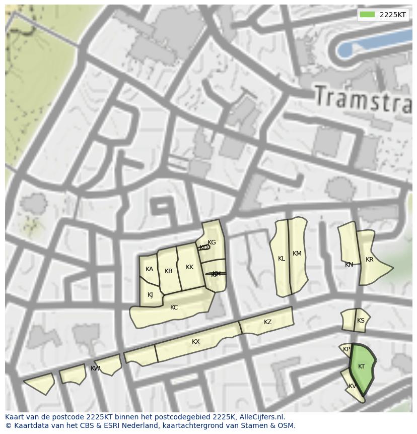 Afbeelding van het postcodegebied 2225 KT op de kaart.