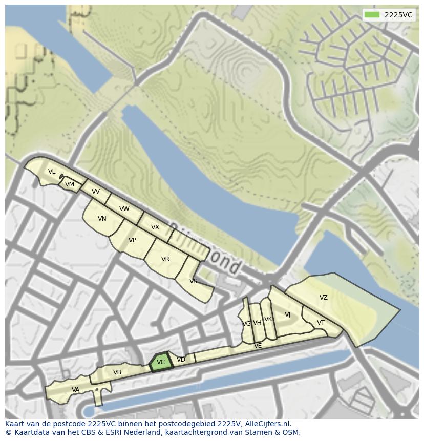 Afbeelding van het postcodegebied 2225 VC op de kaart.