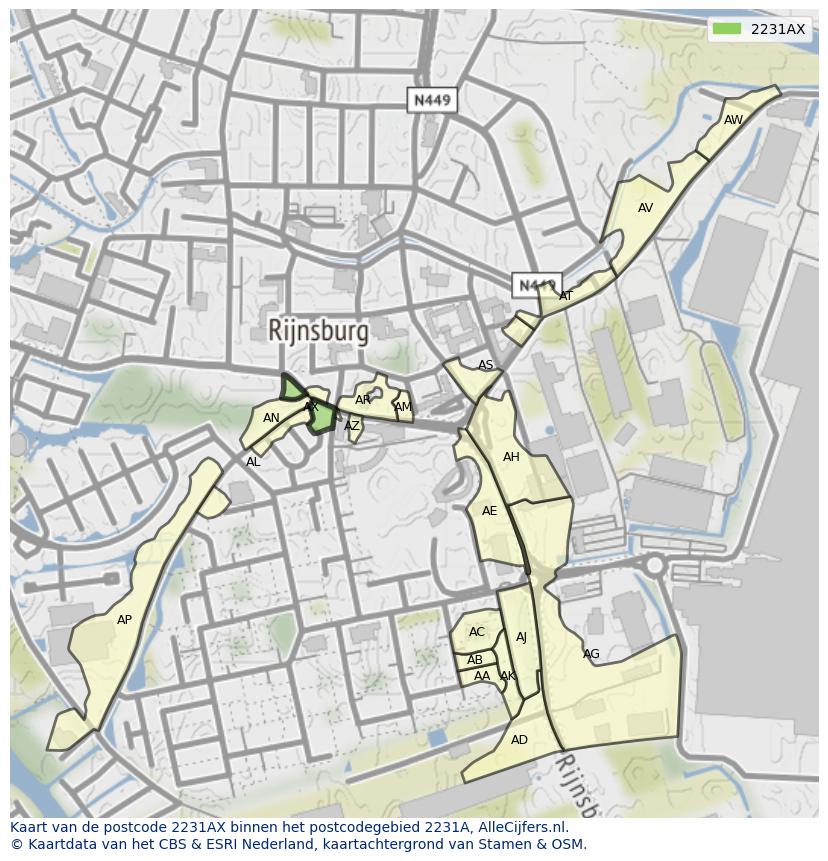 Afbeelding van het postcodegebied 2231 AX op de kaart.