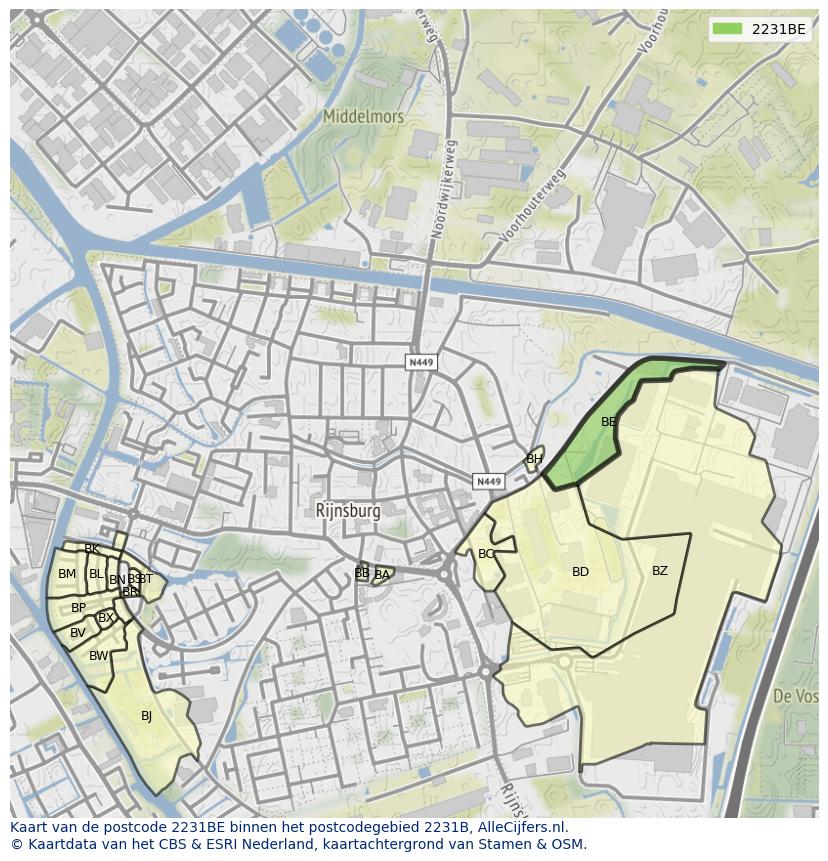 Afbeelding van het postcodegebied 2231 BE op de kaart.