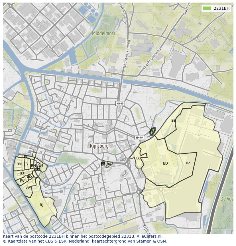 Afbeelding van het postcodegebied 2231 BH op de kaart.