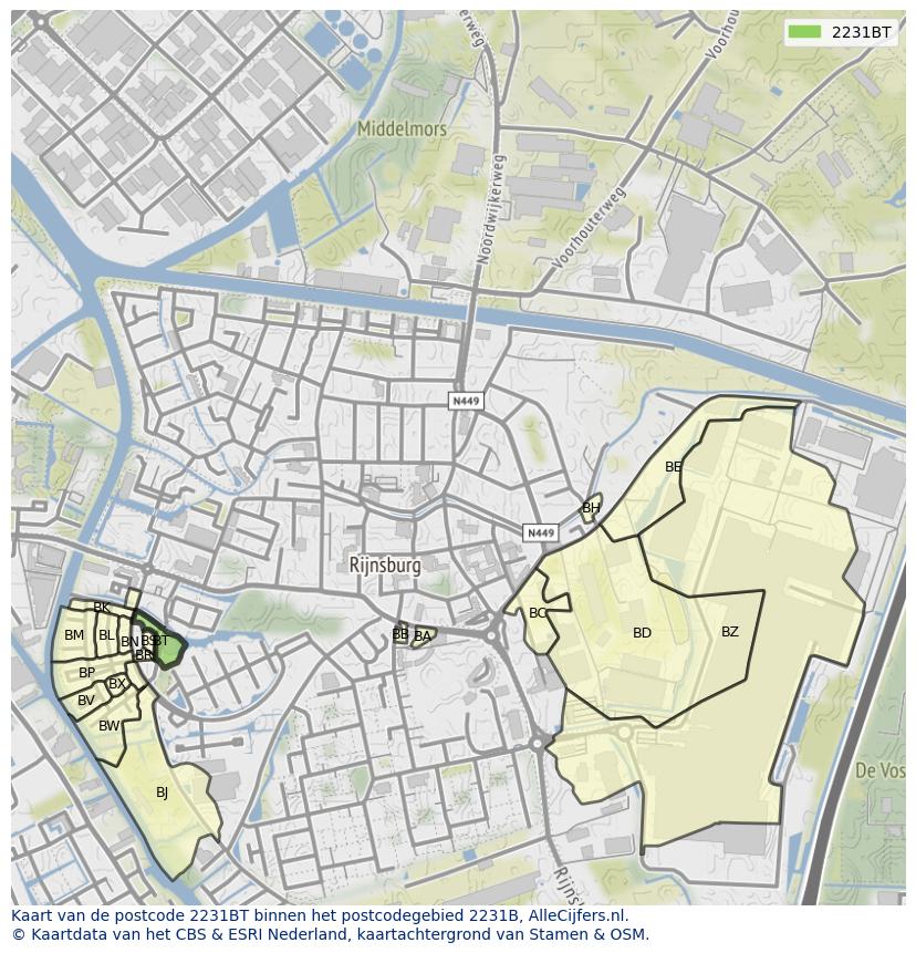Afbeelding van het postcodegebied 2231 BT op de kaart.