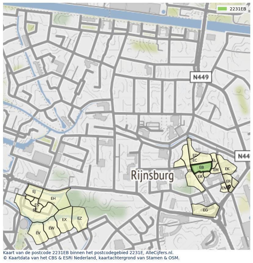 Afbeelding van het postcodegebied 2231 EB op de kaart.