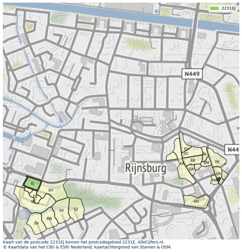 Afbeelding van het postcodegebied 2231 EJ op de kaart.