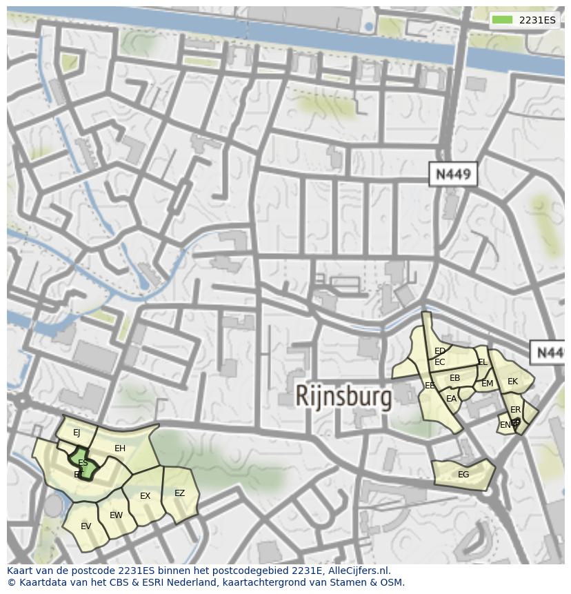 Afbeelding van het postcodegebied 2231 ES op de kaart.