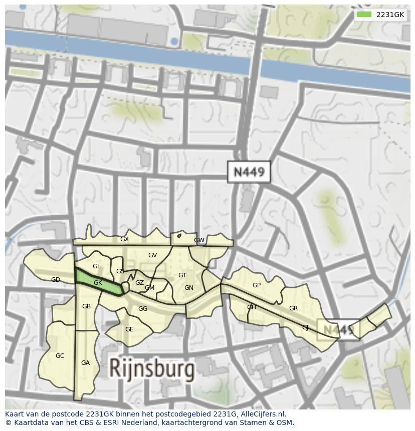 Afbeelding van het postcodegebied 2231 GK op de kaart.