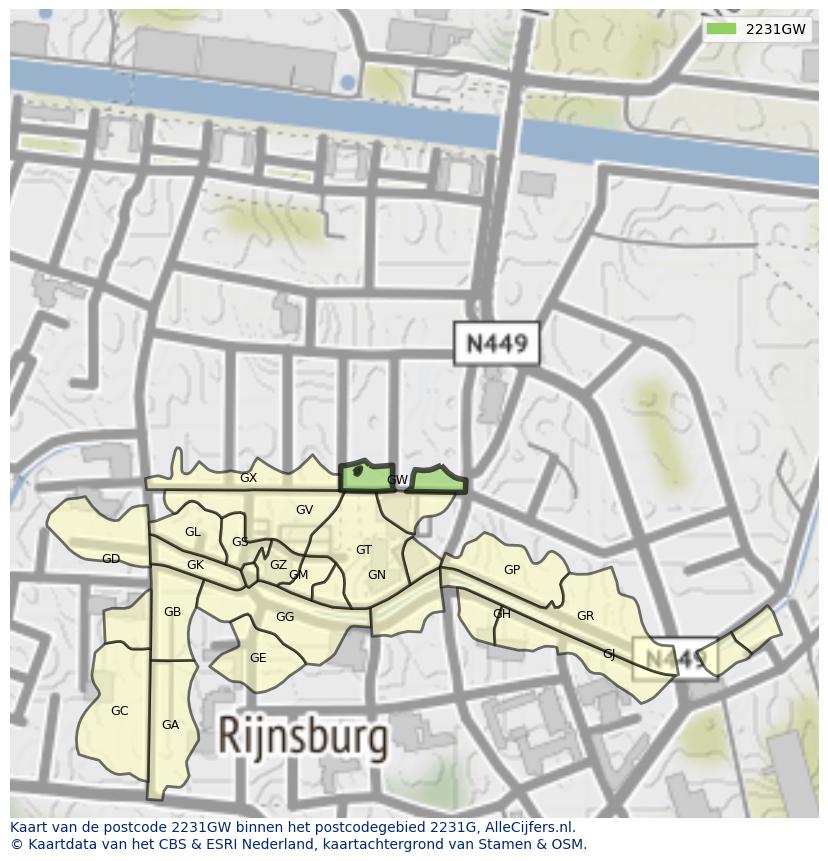 Afbeelding van het postcodegebied 2231 GW op de kaart.