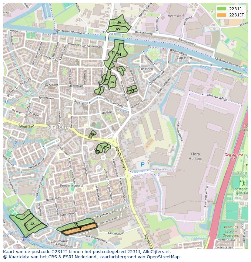 Afbeelding van het postcodegebied 2231 JT op de kaart.