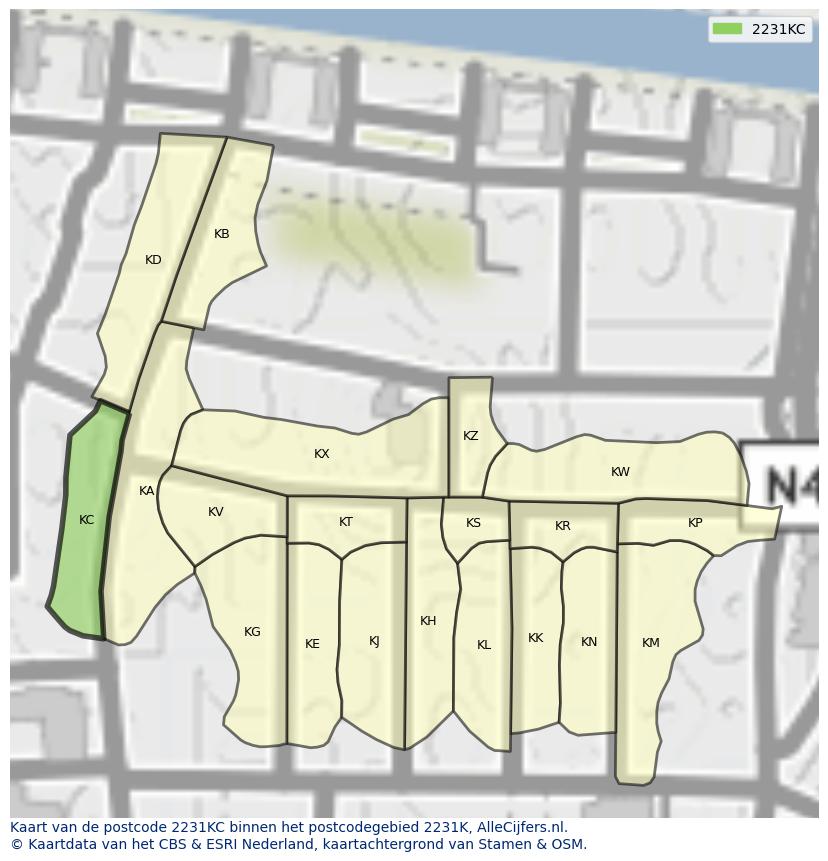 Afbeelding van het postcodegebied 2231 KC op de kaart.