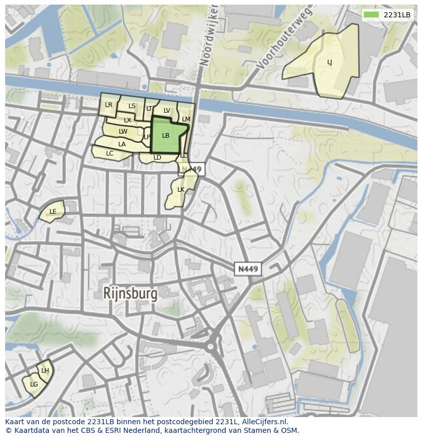 Afbeelding van het postcodegebied 2231 LB op de kaart.