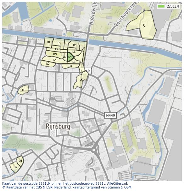 Afbeelding van het postcodegebied 2231 LN op de kaart.