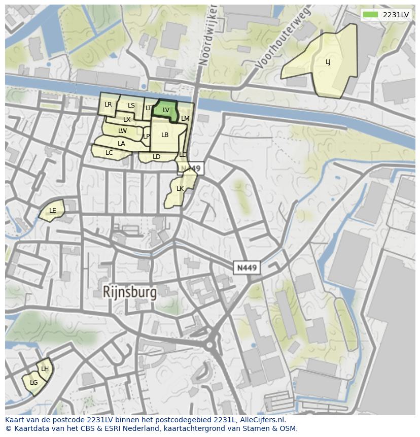 Afbeelding van het postcodegebied 2231 LV op de kaart.