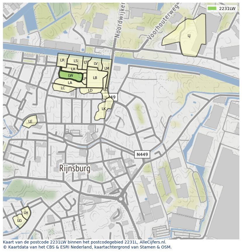 Afbeelding van het postcodegebied 2231 LW op de kaart.
