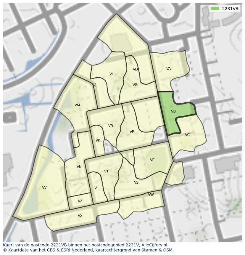 Afbeelding van het postcodegebied 2231 VB op de kaart.
