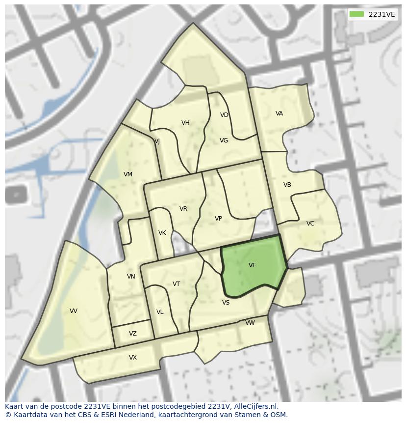 Afbeelding van het postcodegebied 2231 VE op de kaart.