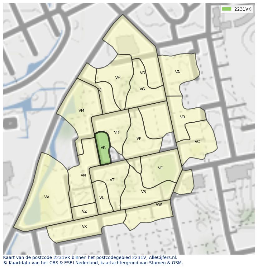 Afbeelding van het postcodegebied 2231 VK op de kaart.