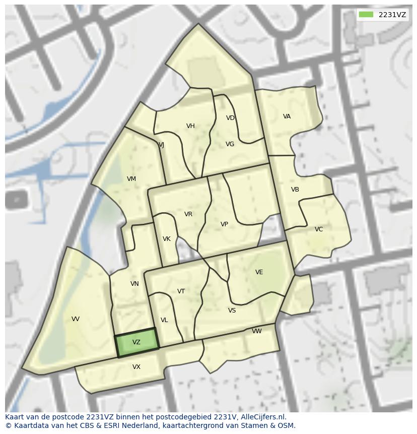 Afbeelding van het postcodegebied 2231 VZ op de kaart.