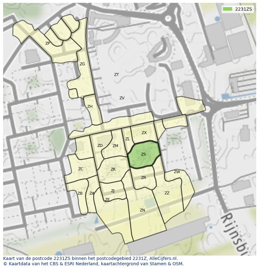 Afbeelding van het postcodegebied 2231 ZS op de kaart.