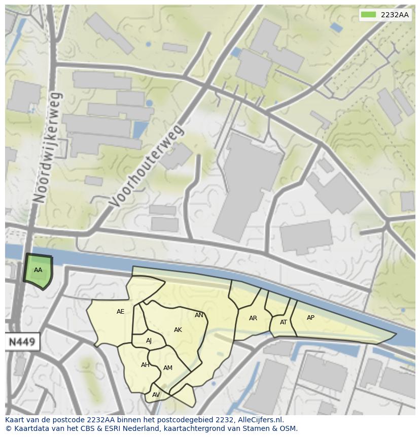 Afbeelding van het postcodegebied 2232 AA op de kaart.
