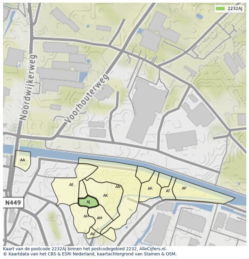 Afbeelding van het postcodegebied 2232 AJ op de kaart.