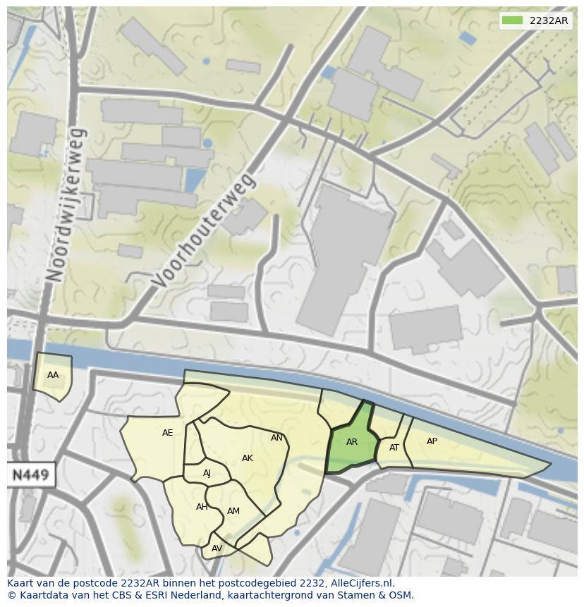 Afbeelding van het postcodegebied 2232 AR op de kaart.